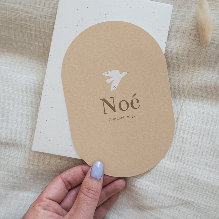 Ovalen geboortekaartje kaki met illustratie vogel