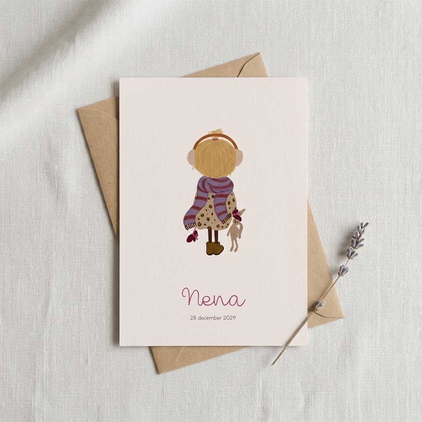Geboortekaartje winter meisje blond sjaal knuffel konijn