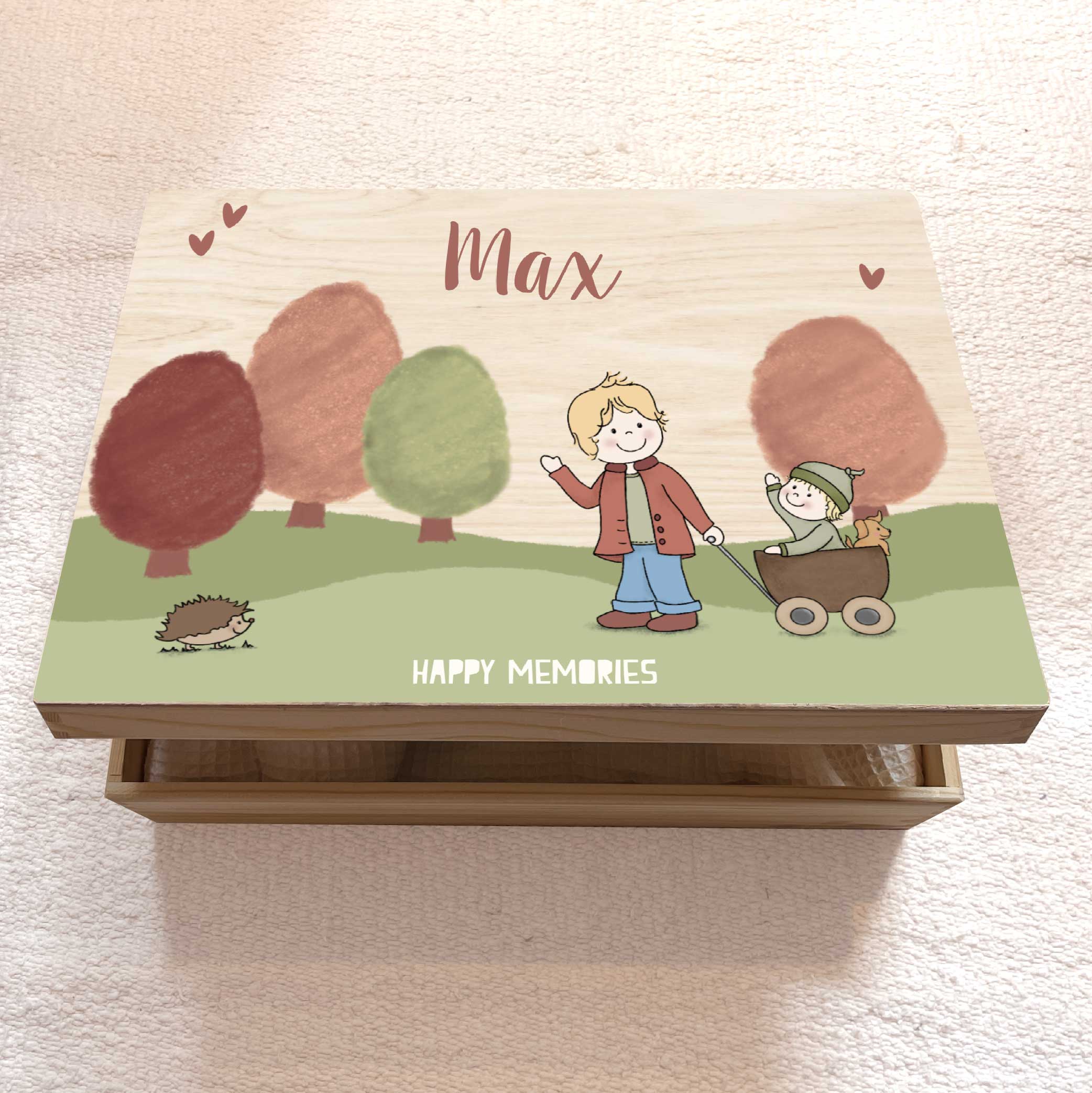 Houten memorybox met jongen en babybroertje in bolderkar