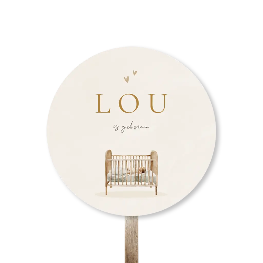 Tuinbord rond beige met wiegje en hartjes