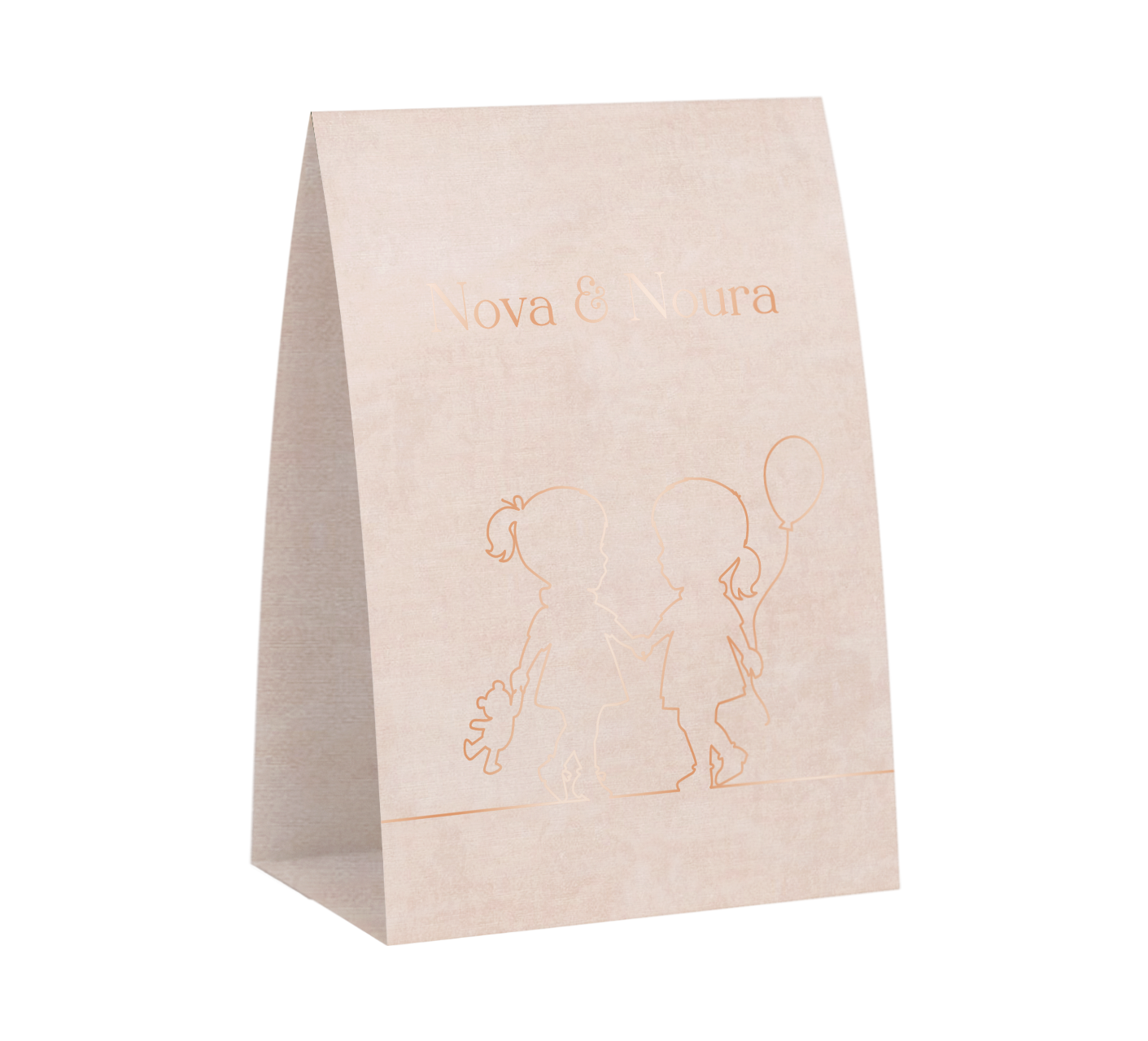 Tentvorm geboortekaartje tweeling met roségoudfolie silhouetjes