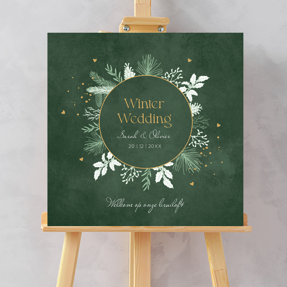 Welkomstbord winter wedding groen kerst krans
