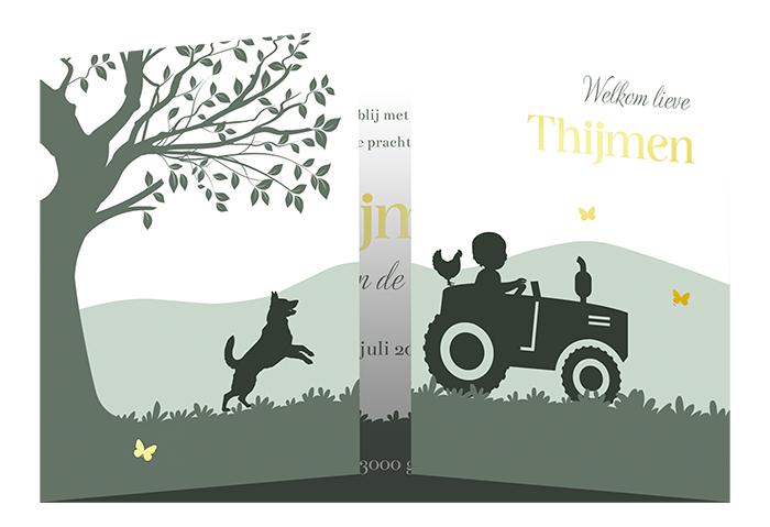 Luikvouw geboortekaartje met jongetje op tractor