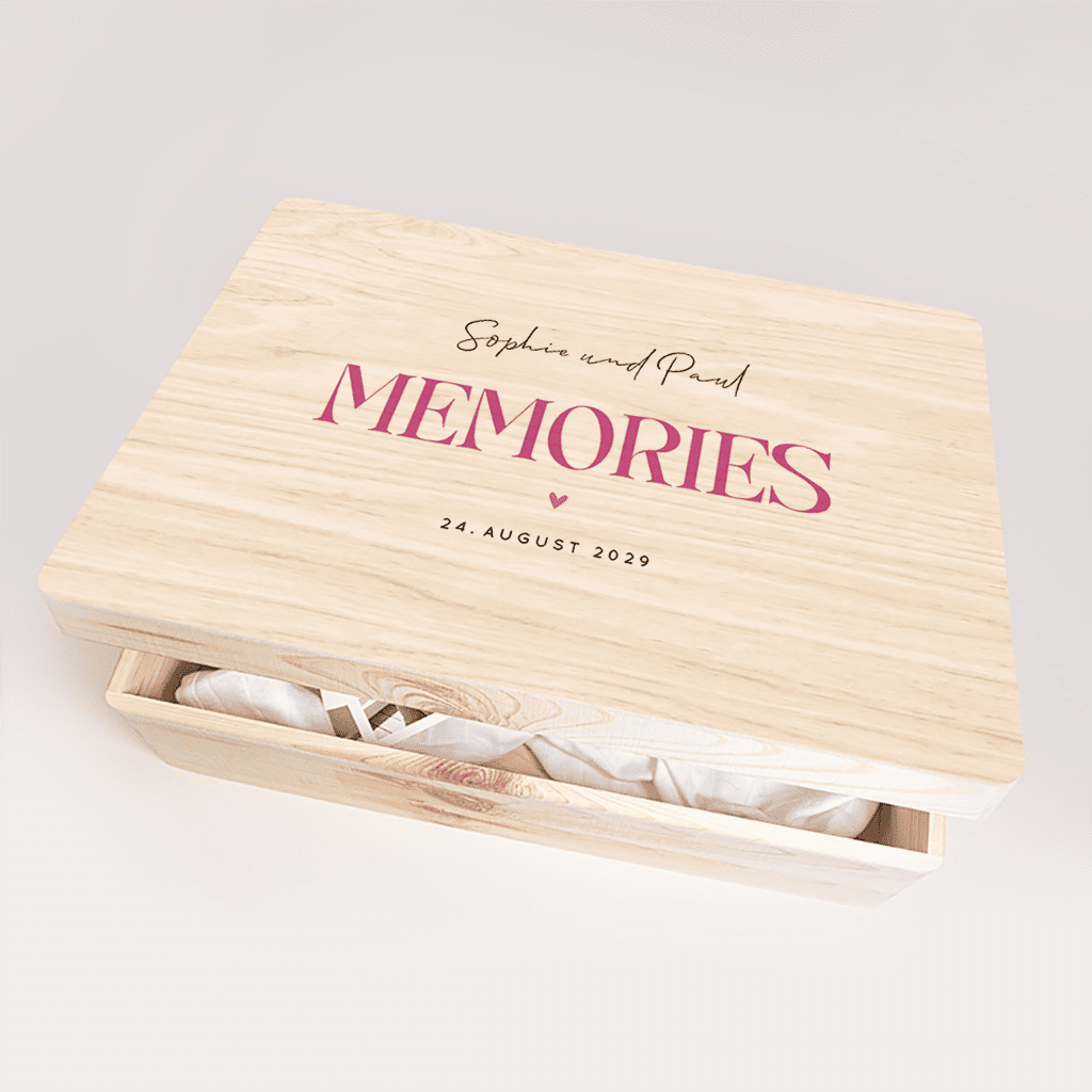 Colourblocking Erinnerungsbox Hochzeit mit eleganter Schrift und Herz