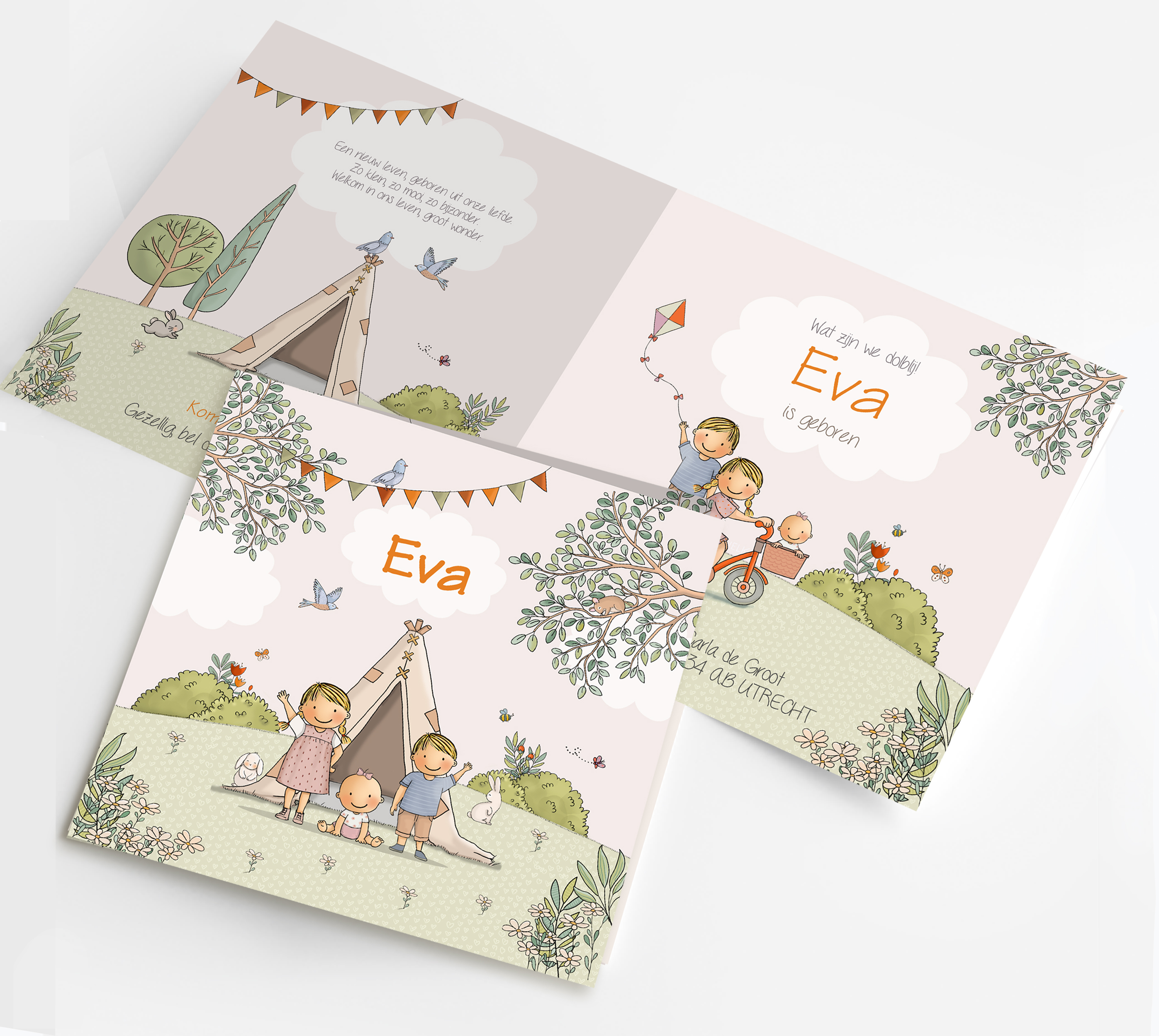 Geboortekaartje meisje met tent en broer zus