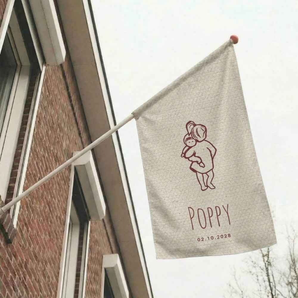 Geboortevlag linnen look lijntekening zusjes