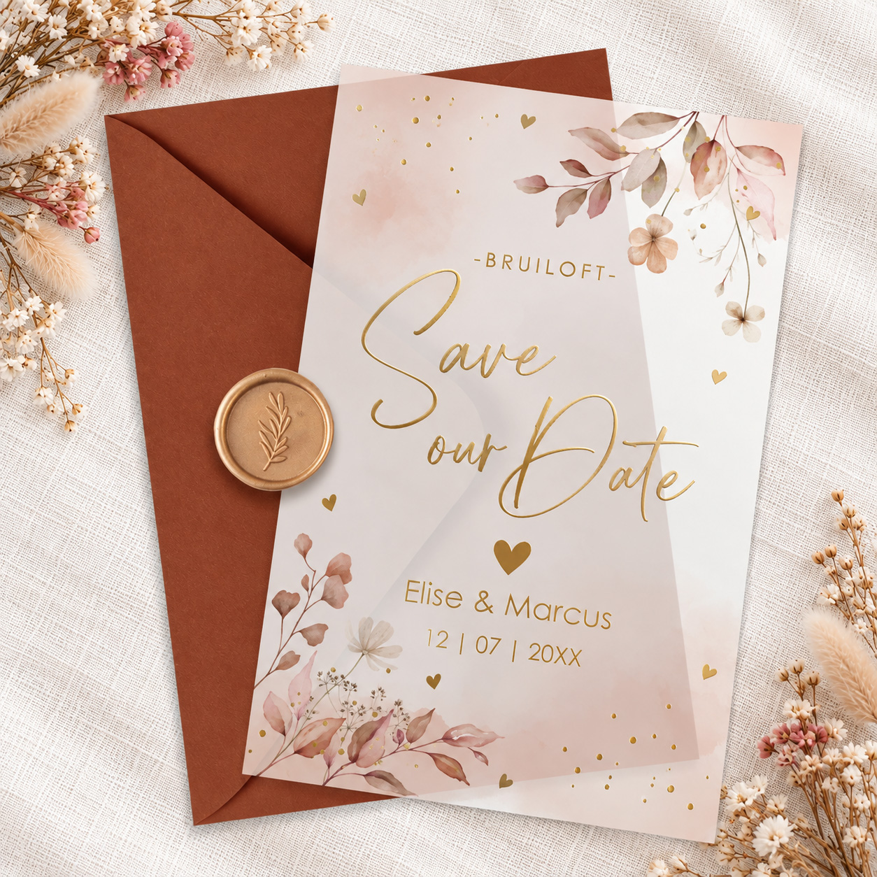 Save the Date kaart kalkpapier bloemen kalender goudfolie