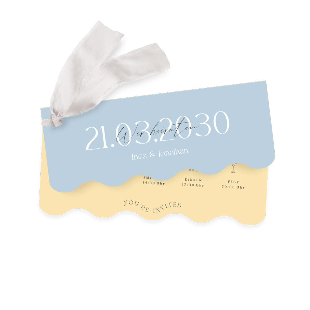 Hochzeitseinladung als Kartenset in Blau/Gelb mit Tagesprogramm und Band