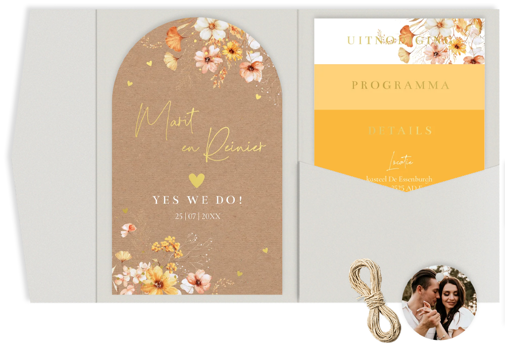 Pocketfold trouwkaart geel bloemen kraftlook goudfolie