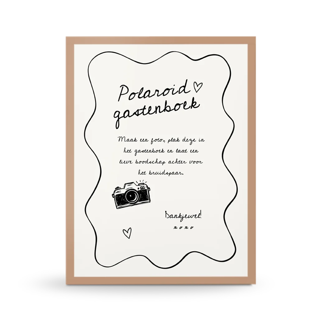 Bruiloft gastenboek poster met golvend kader en getekende camera