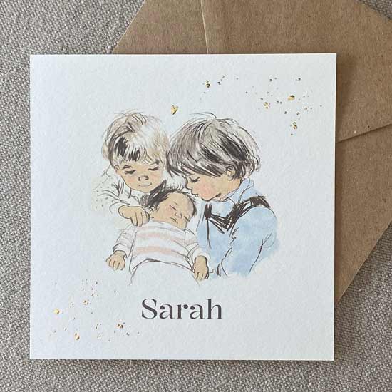 Enkele geboortekaart pentekening 3e kindje goudfolie