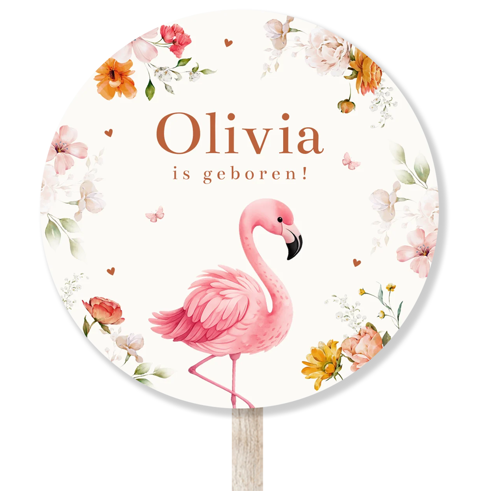 Geboortebord rond flamingo bloemen meisje