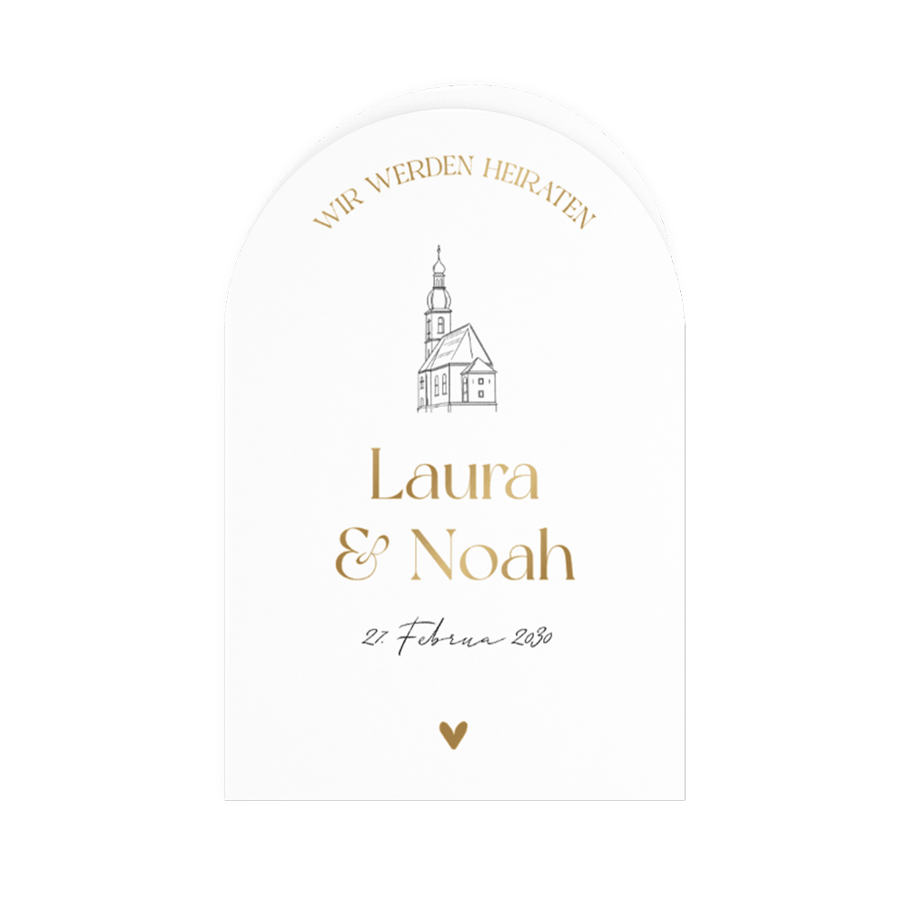 Hochzeitskarte in Bogenform mit Illustration einer Kirche und Mattgoldfolie
