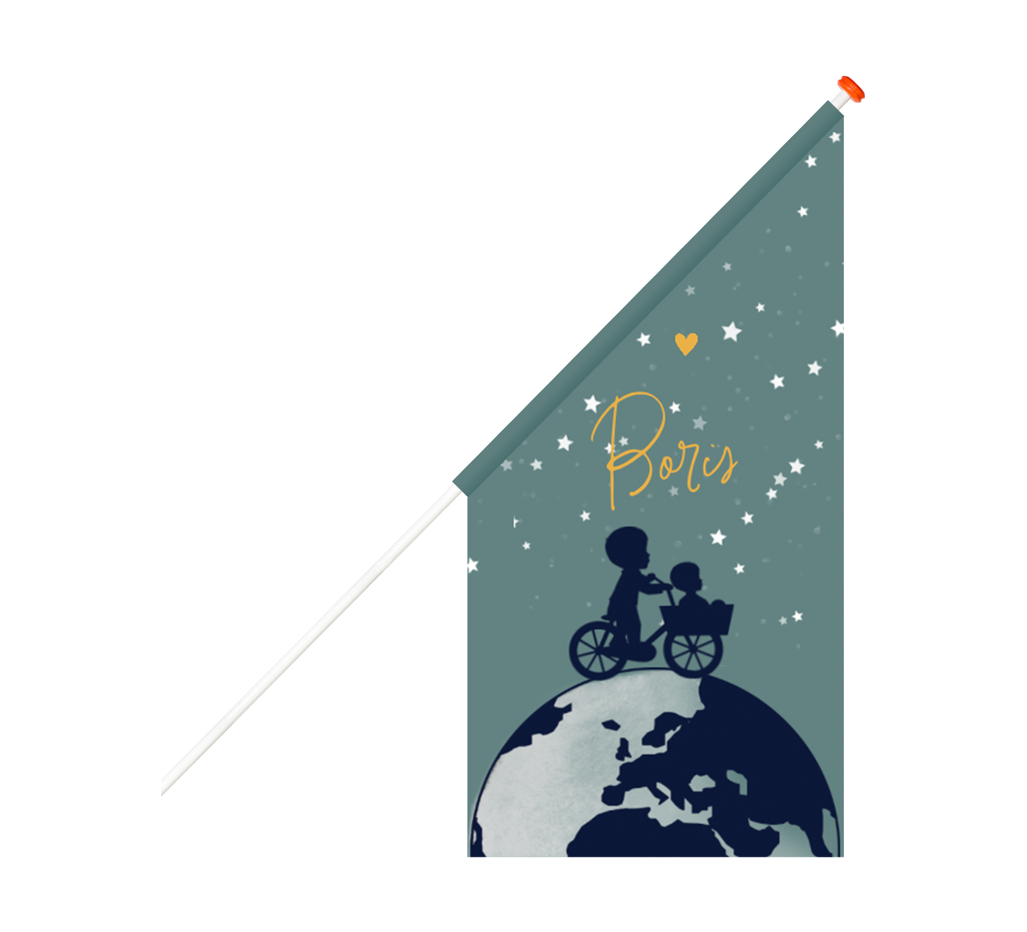 Geboortevlag broertje met wereldbol en silhouetjes op fiets