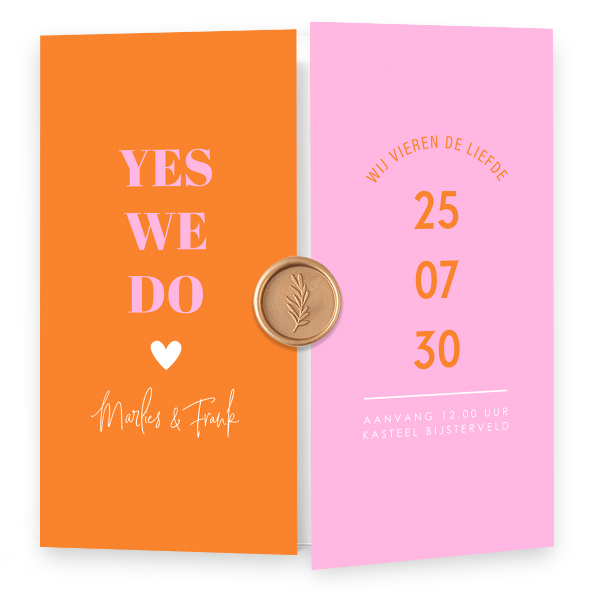 Trouwkaart theatervouw colourblocking roze oranje