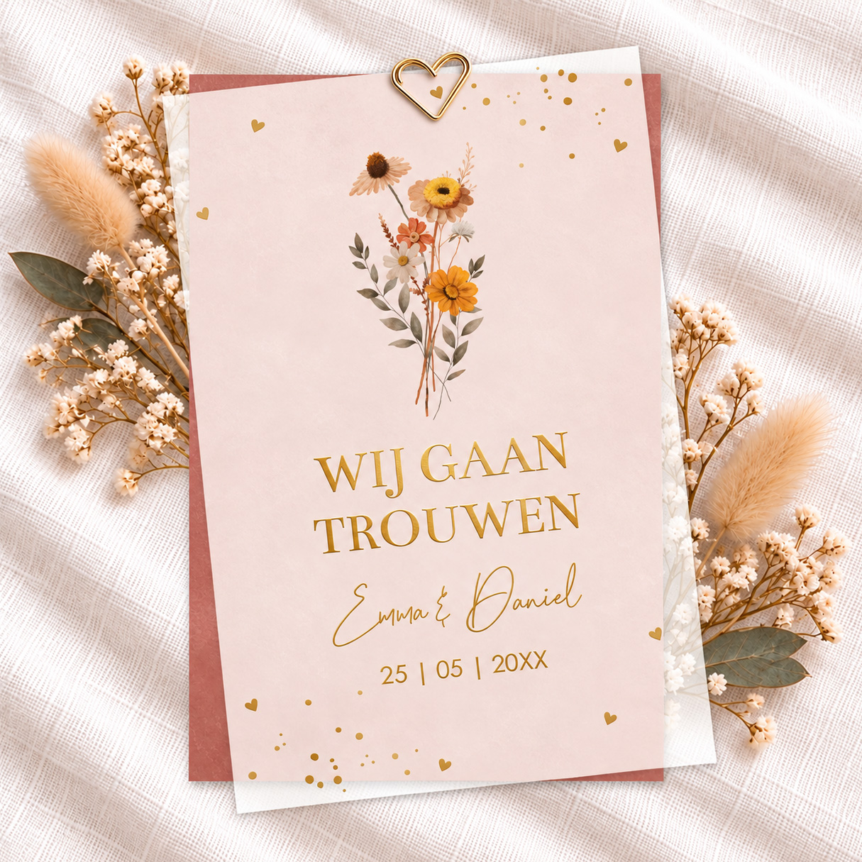 Trouwkaart kalkpapier bloemenboeket herfst goudfolie (set 2 kaarten)