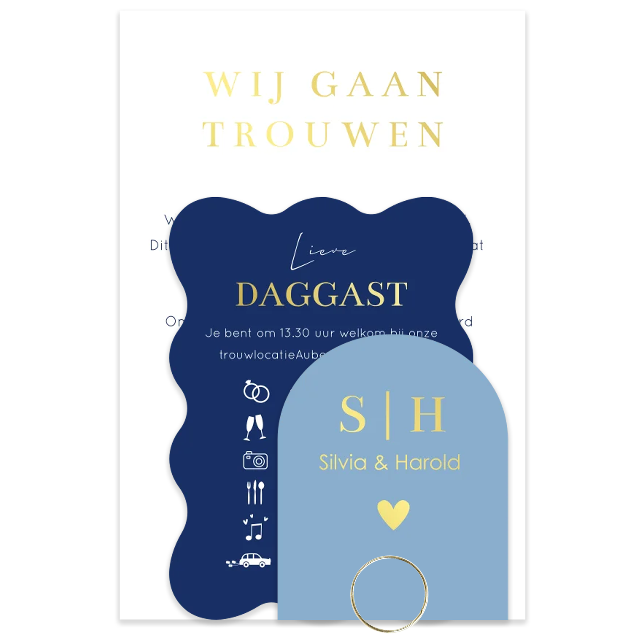 Stapelkaart trouwkaart modern blauw golvend kader goudfolie