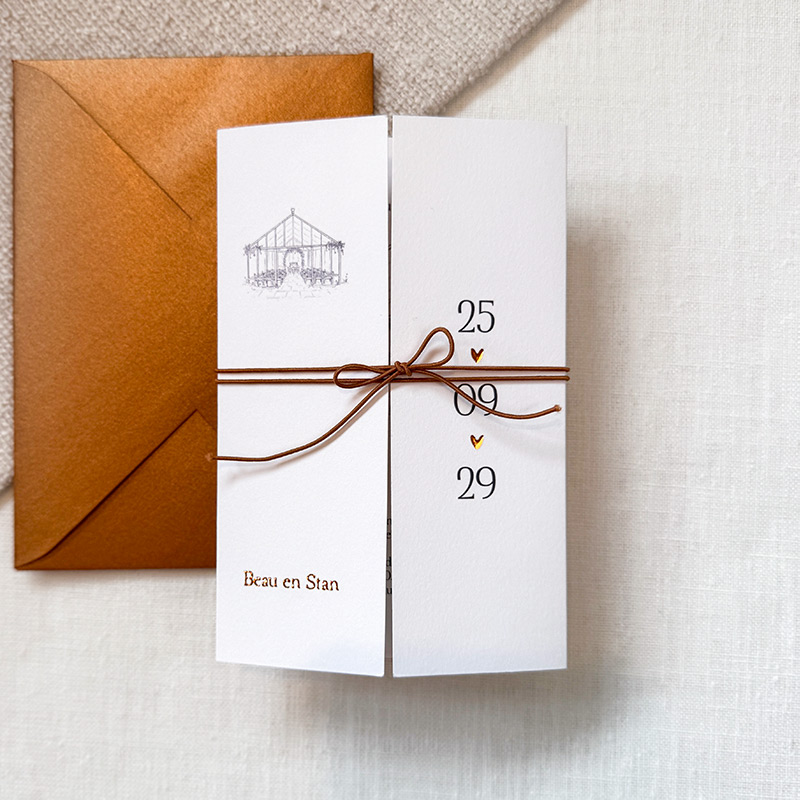 Trouwkaart theatervouw tekening trouwlocatie kas – Greenhouse Romance