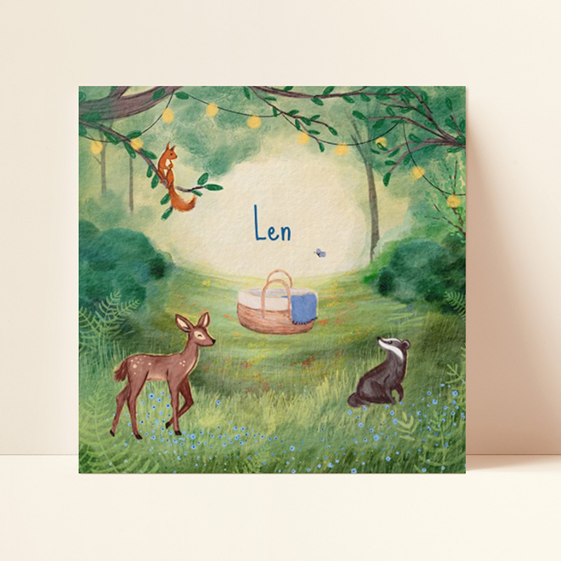 Geboortekaartje met bosdieren en mozesmandje