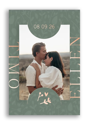 Trouwkaart label foto bloemen roségoudfolie