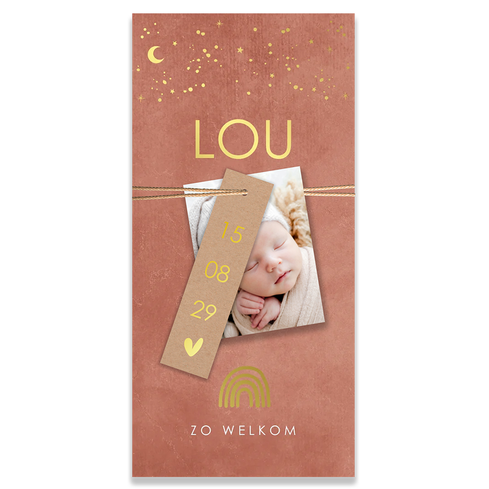 Labelkaart geboortekaartje maan sterren regenboog roze foto goud