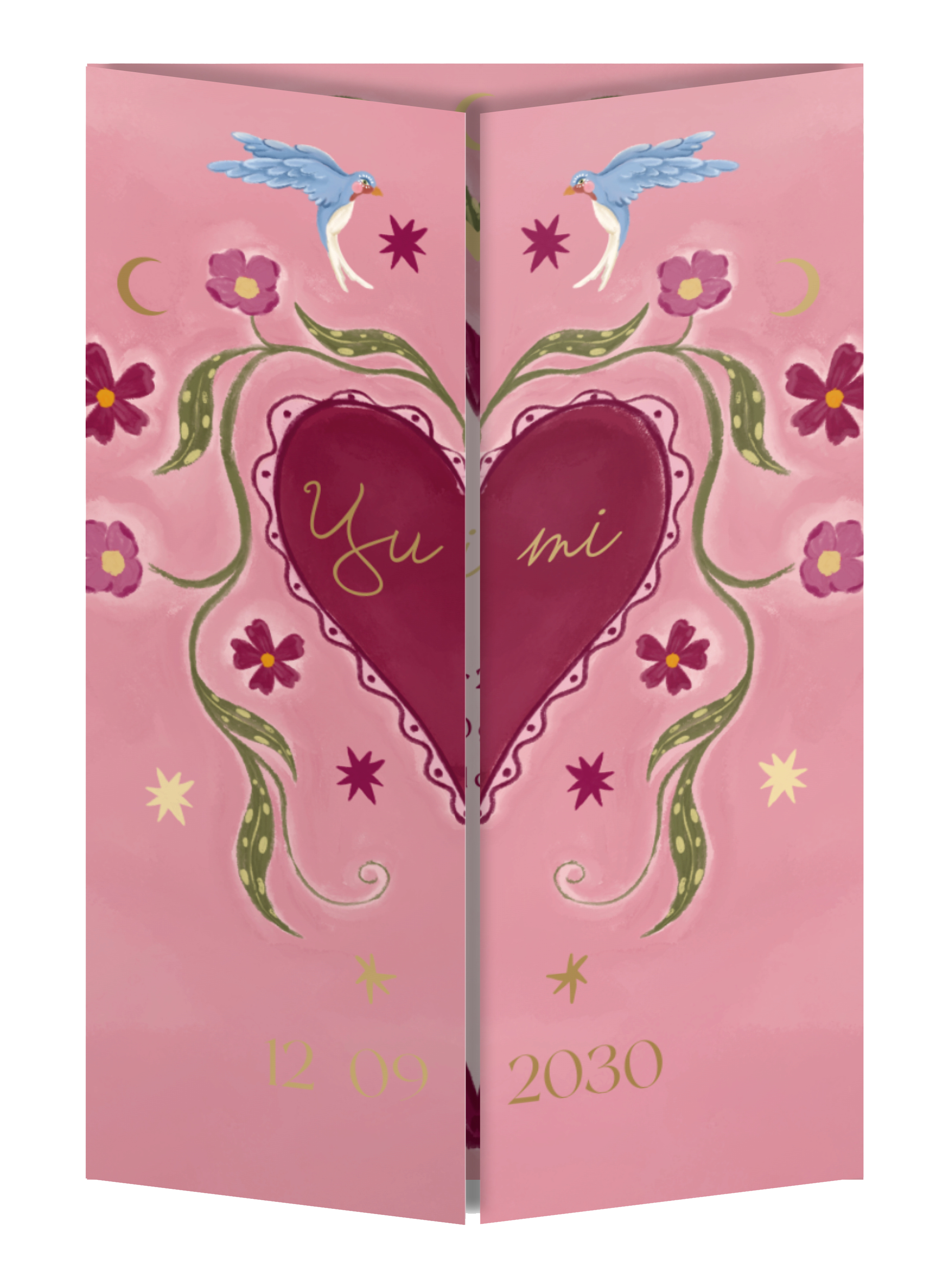 Geboortekaartje hart en bloemen roze