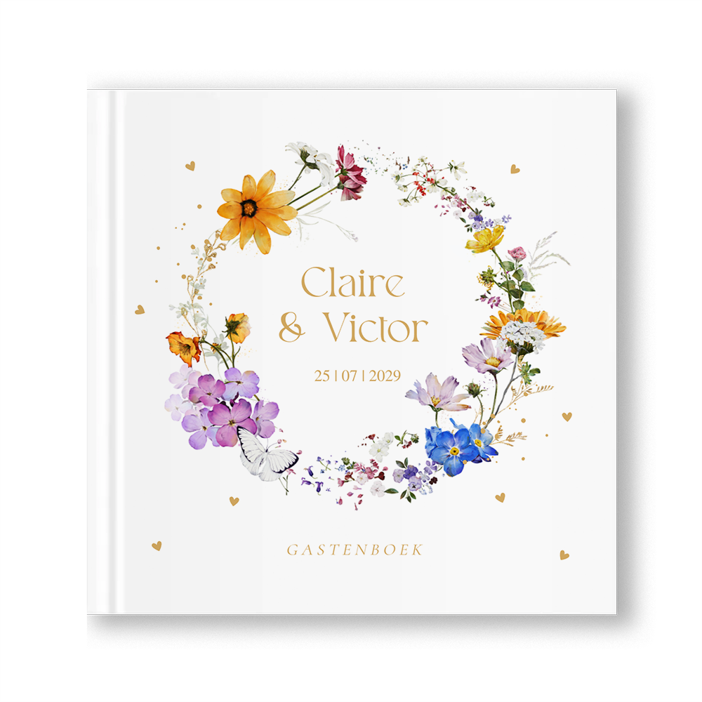 Gastenboek bruiloft gekleurde bloemenkrans