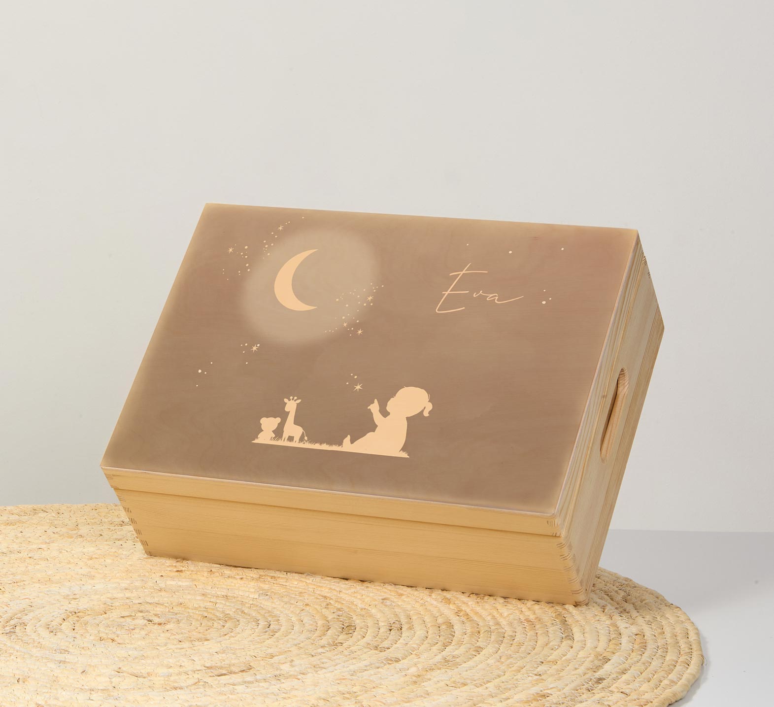 Houten bewaarbox in donker roze met maan en sterren