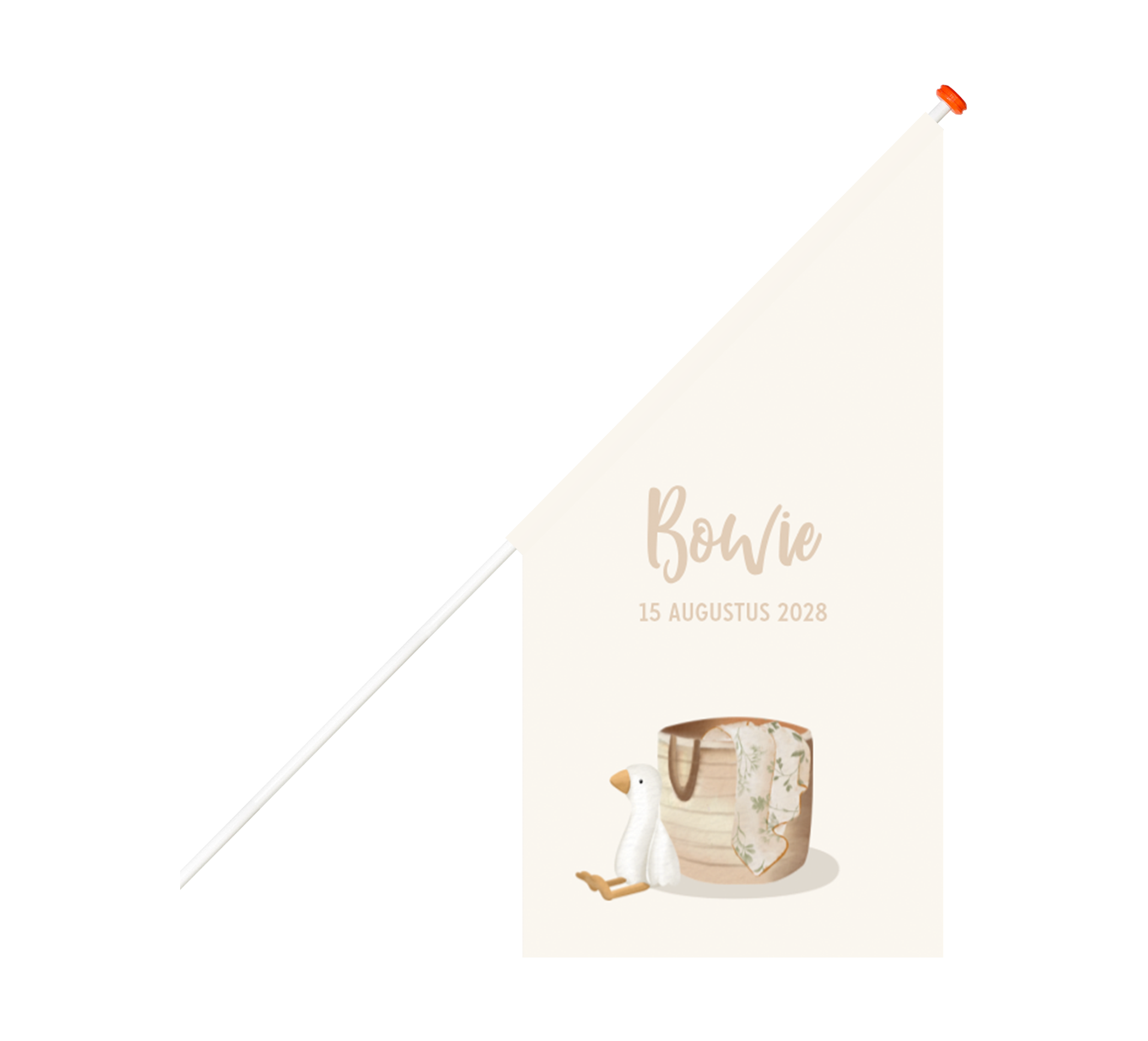 Lieve geboortevlag met illustratie knuffel gansje en mandje