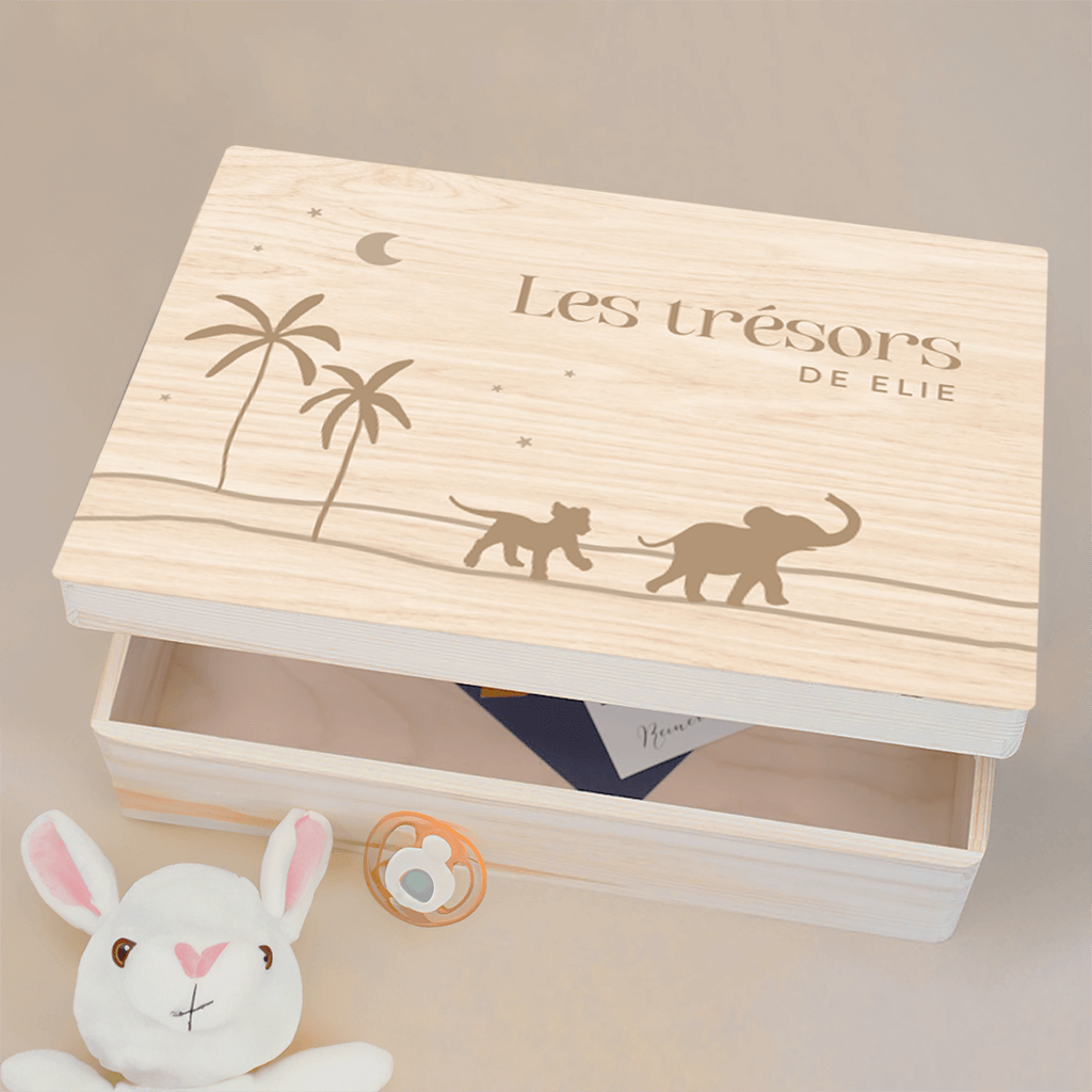Boîte à souvenirs avec éléphanteau, lionceau dans le desert