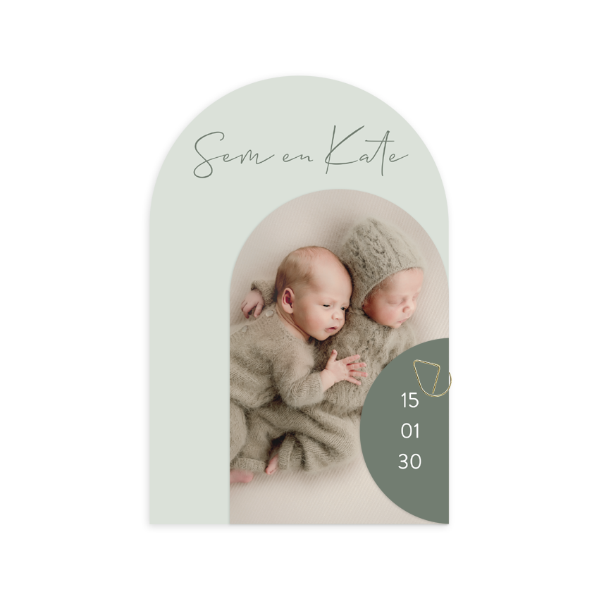 Tweeling geboortekaartje met drie lagen en foto groen