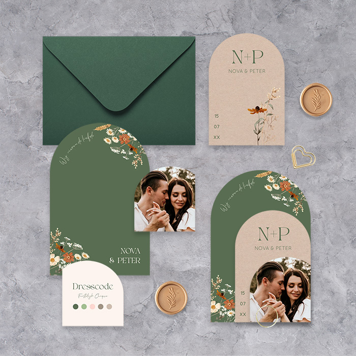 Label trouwkaart botanisch groen kraft fotolabel | 11.4 × 17.1 cm