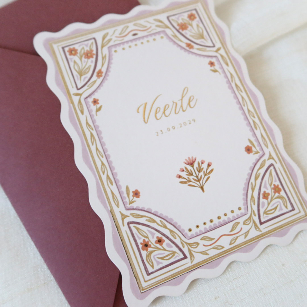 Romantisch geboortekaartje vintage met bloemen in roze en groen