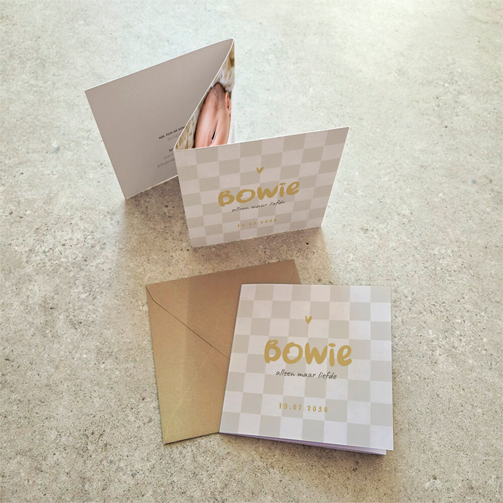 Unisex geboortekaartje zigzag met blokpatroon, foto en luxe foliedruk