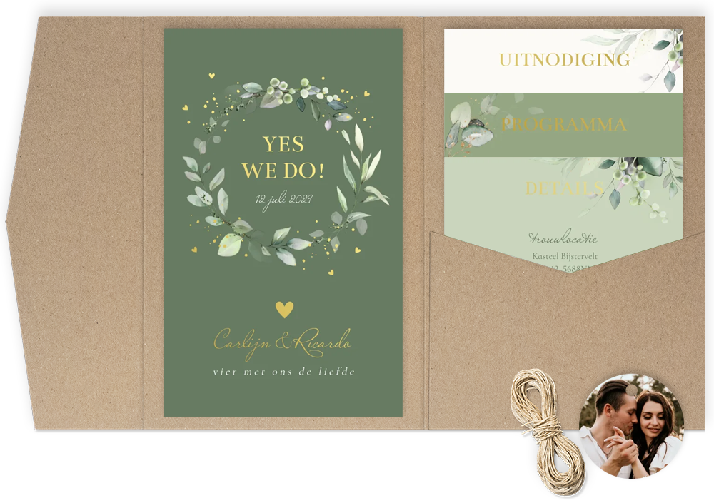 Pocketfold trouwkaart groen botanisch krans bladeren goudfolie