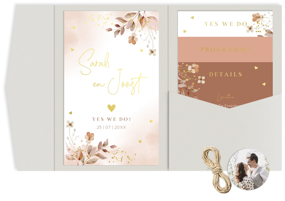 Pocketfold set trouwkaart bloemen terracotta watercolour goudfolie