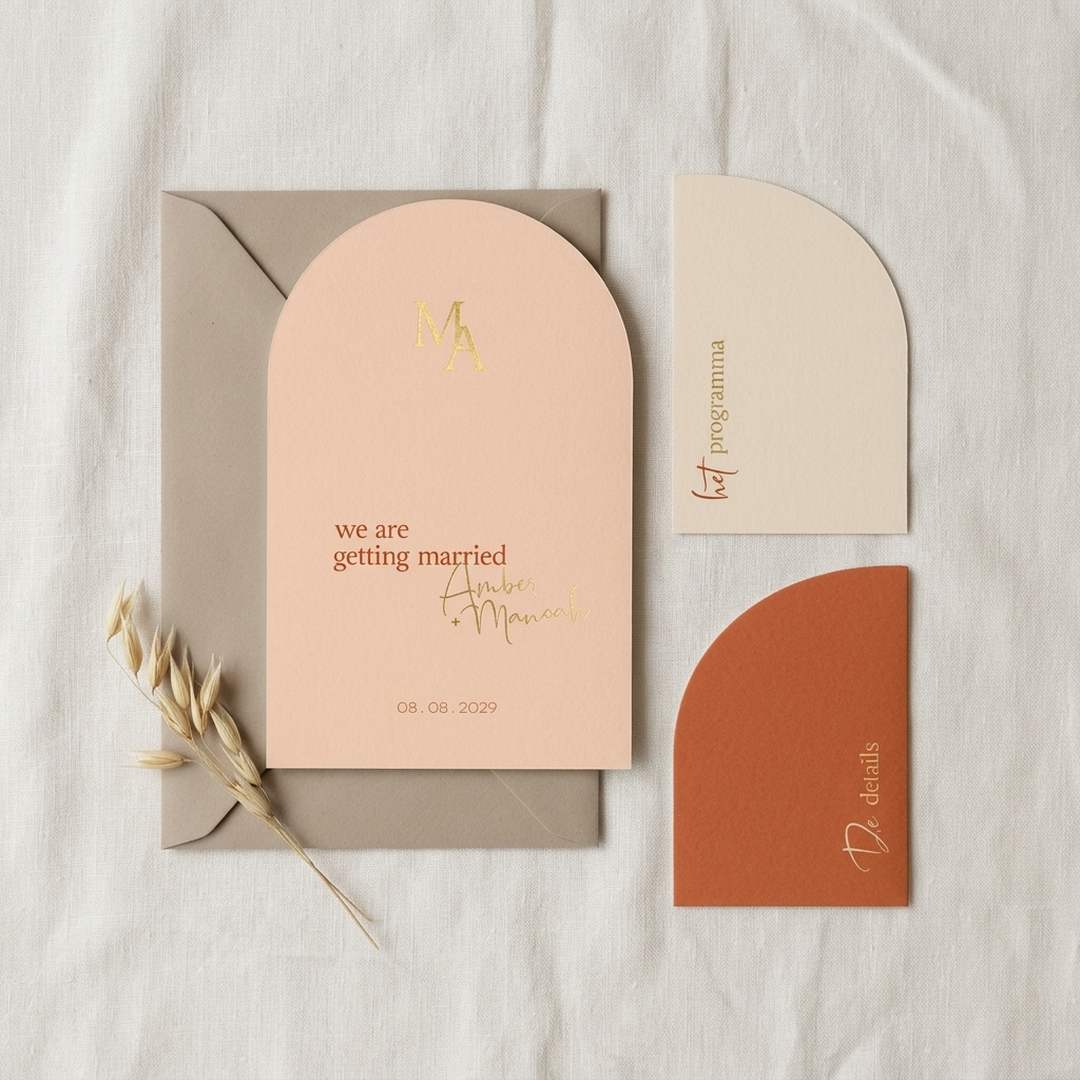 Trouwkaarten set kleurrijk peach oranje