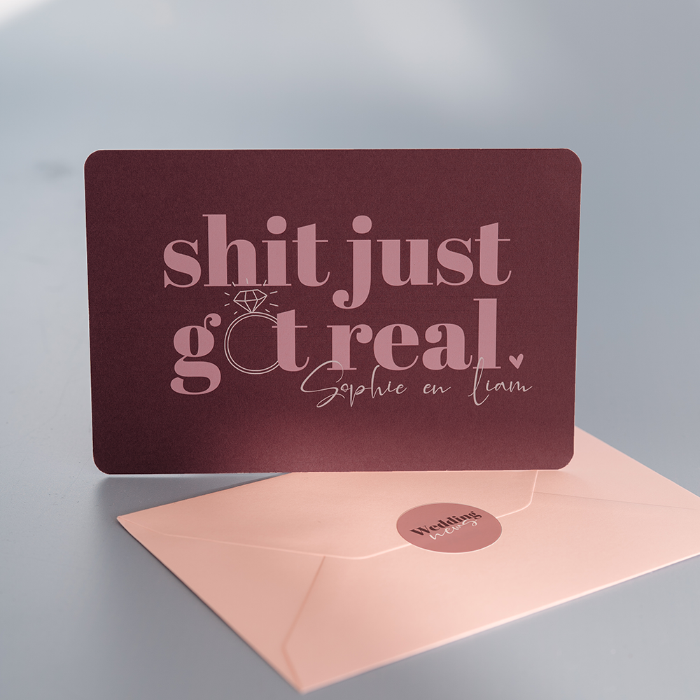 Trouwkaart met colorblocking en humoristische quote