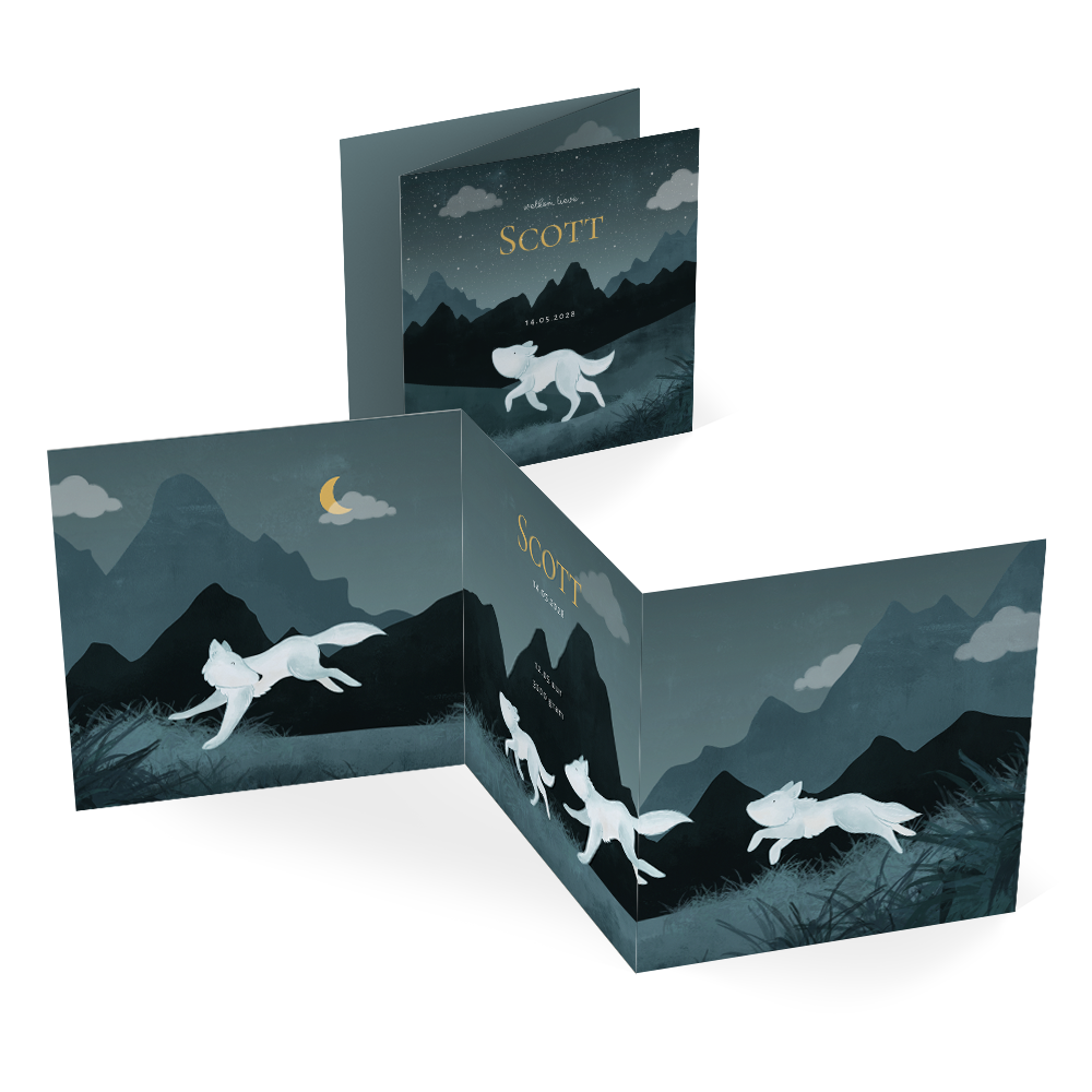 Geboortekaartje zigzag voor een jongen met wolf en bergen in de nacht