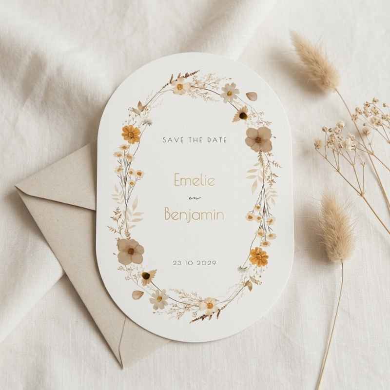 Save the Date ovaal romantische bloemen aardetinten naturel