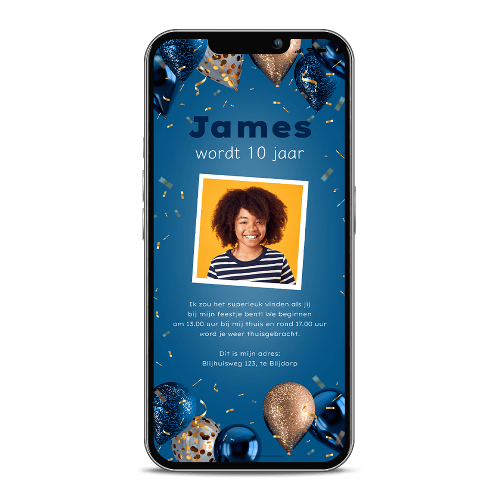 Kinderfeestje uitnodiging digitaal met ballonnen en foto