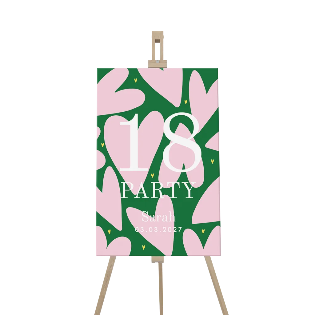 Grünem Willkommensschild zum 18 Geburtstag mit rosa Herzchen