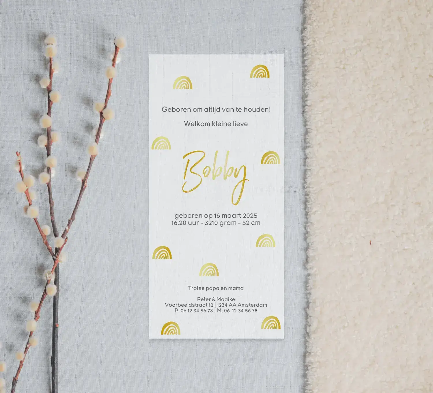 Goudfolie kalkpapier geboortekaartje enkelzijdig met regenboog