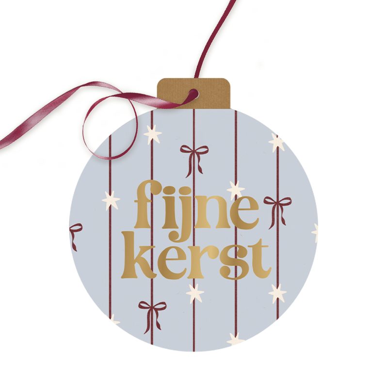 Kerstkaart in kerstbalvorm met strikjes en matgoudfolie