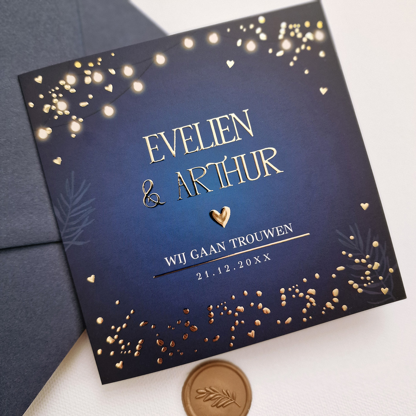 Trouwkaart blauw christmas wedding lampjes goudfolie