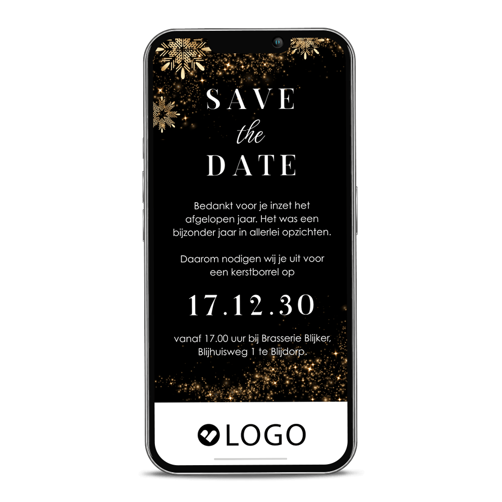 Digitale save the date uitnodiging kerstborrel met gouden sterren