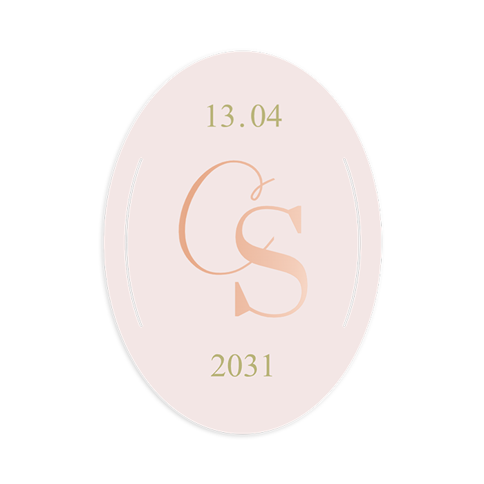 Ovaal labeltje roze met logo in roséfolie