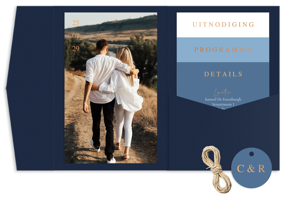 Pocketfold trouwkaart foto meerdere kaartjes blauw koperfolie