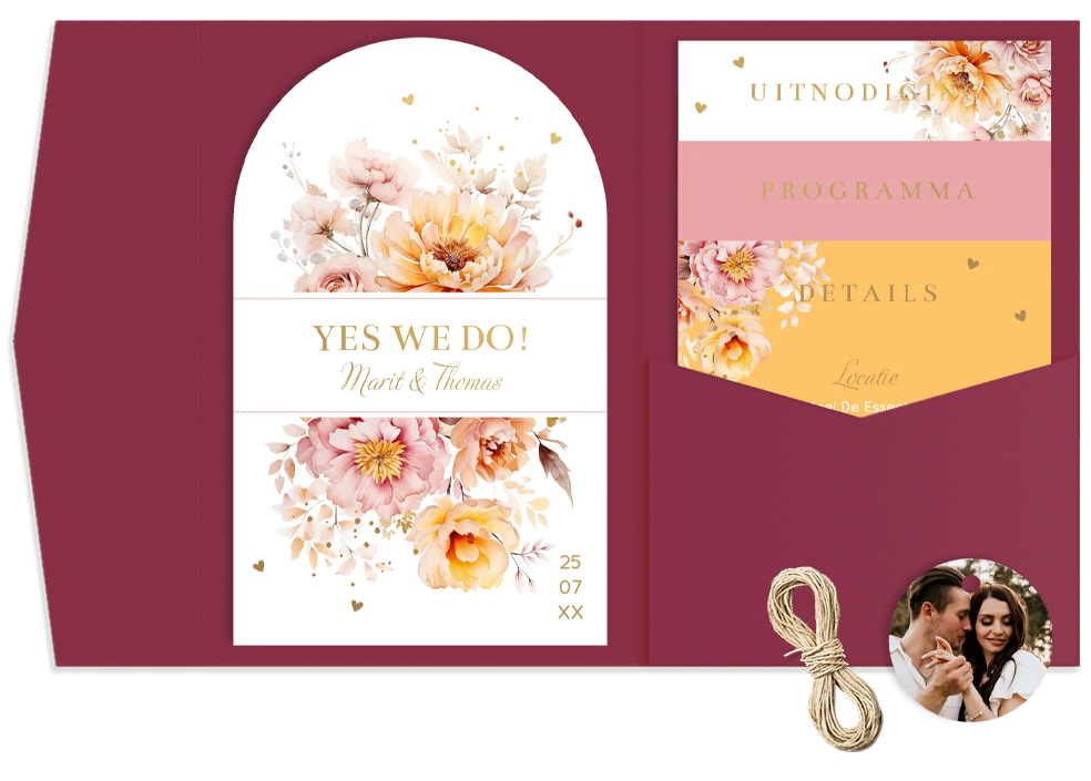 Pocketfold trouwkaart bloemen roze geel opulent goudfolie