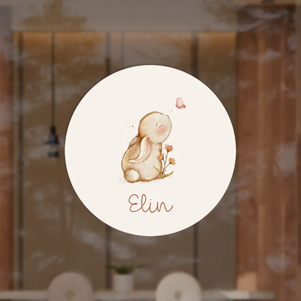 Raamsticker rond met konijntje en vlinder